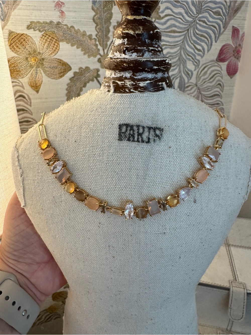 Anthropologie Mixed Crystal Paper Clip Chain Gold Necklace